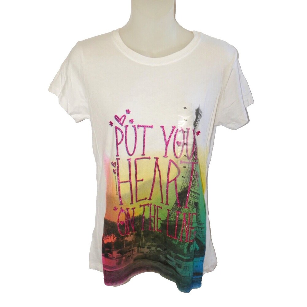 Put Your Heart on the Line Paris France Eiffel Tower Colorful Rainbow XL T-Shirt